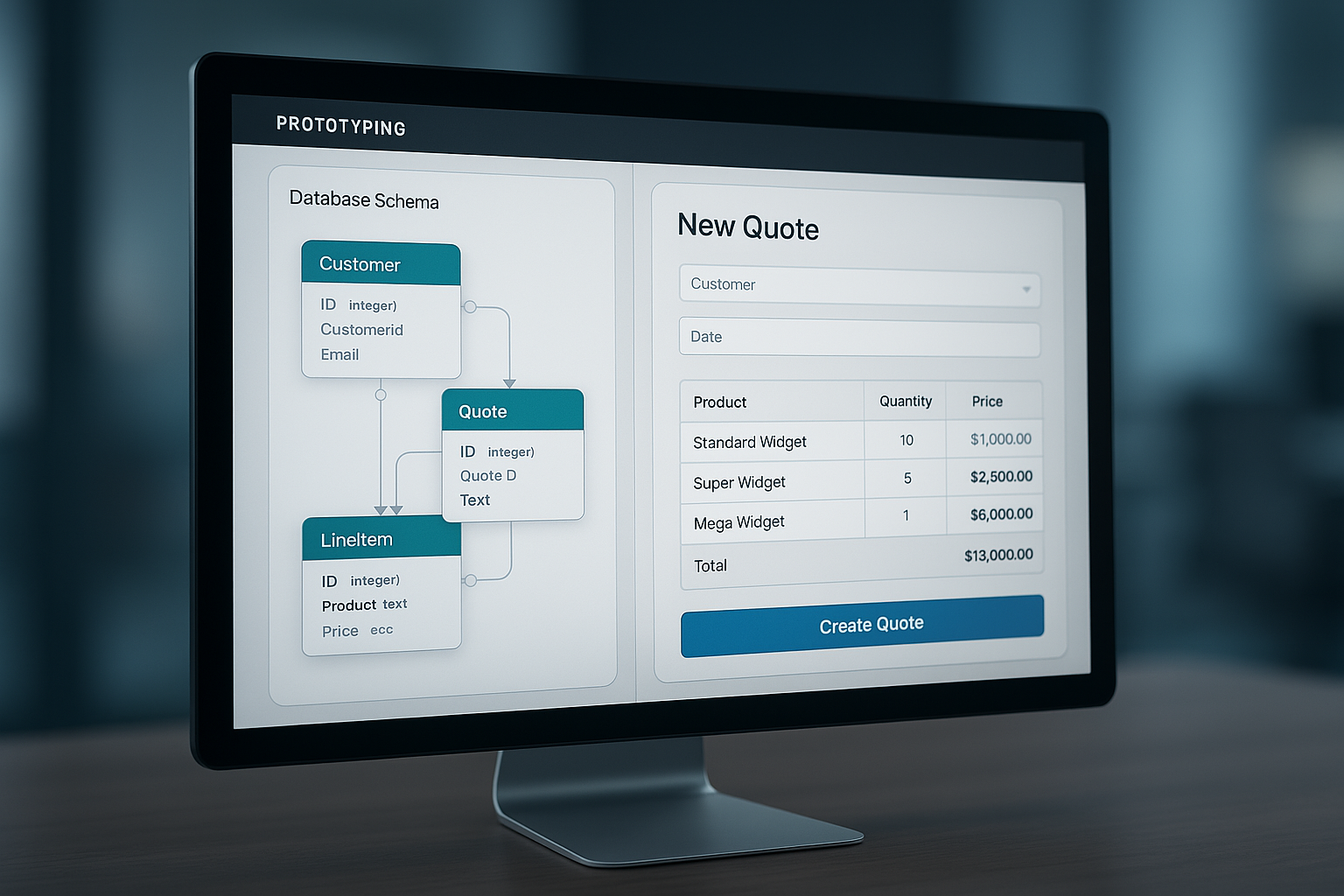 interface of a software prototype with data model and UI elements